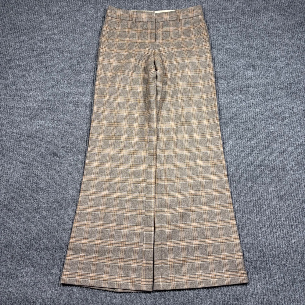 Theory Pants Womens 00 Brown Plaid Wool Blend Wide Leg Trousers Made in USA